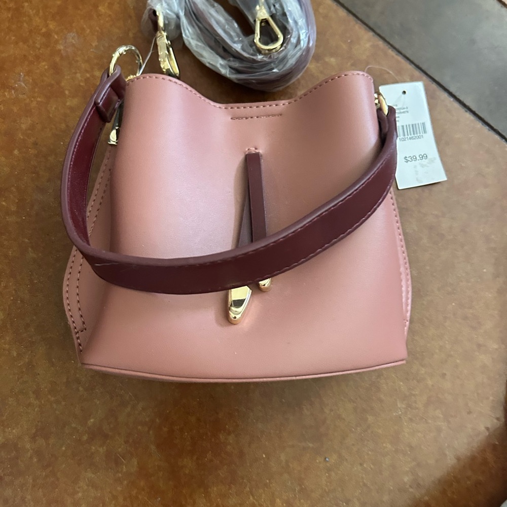 Womens Pink Bucket Crossbody Bag with Burgundy Strap